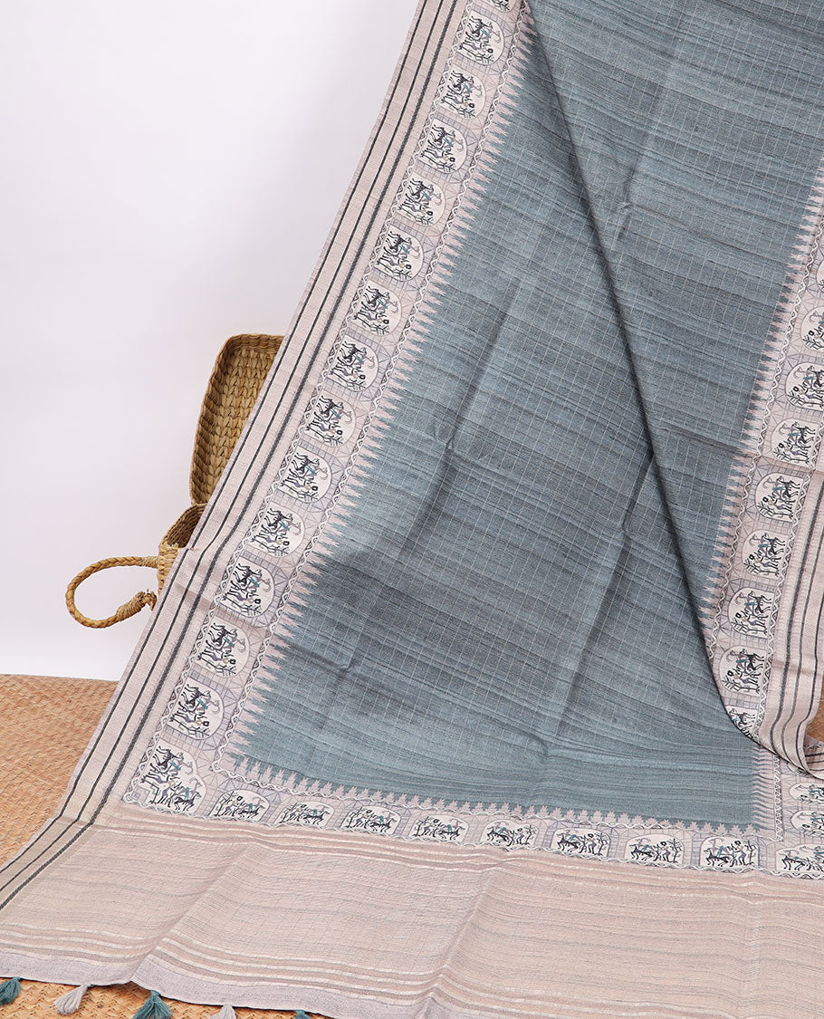 Green  checked semi-banaras tussar saree with contrast jacquard border & striped pallu
