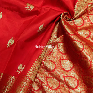 Red Leaf Motif Designer Katan Silk Banarasi Saree