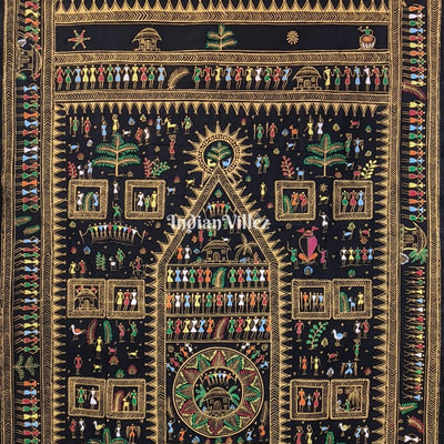 Black Tribal Themed Hand-Painted Pattachitra Saree