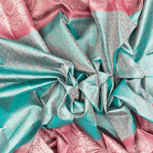 Turquoise Handloom Kanchipuram Silk Saree With Floral Jaal Motifs