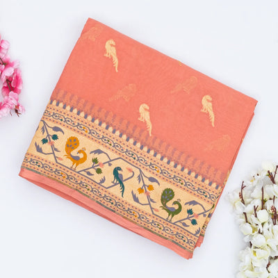 Light Peach Handwoven Banarasi Khaddi Georgette Silk Saree With Peacock Motifs