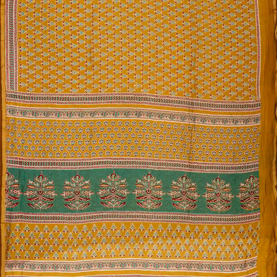 Mustard Woven Jaipur Cotton Saree With Printed Green Floral Motifs