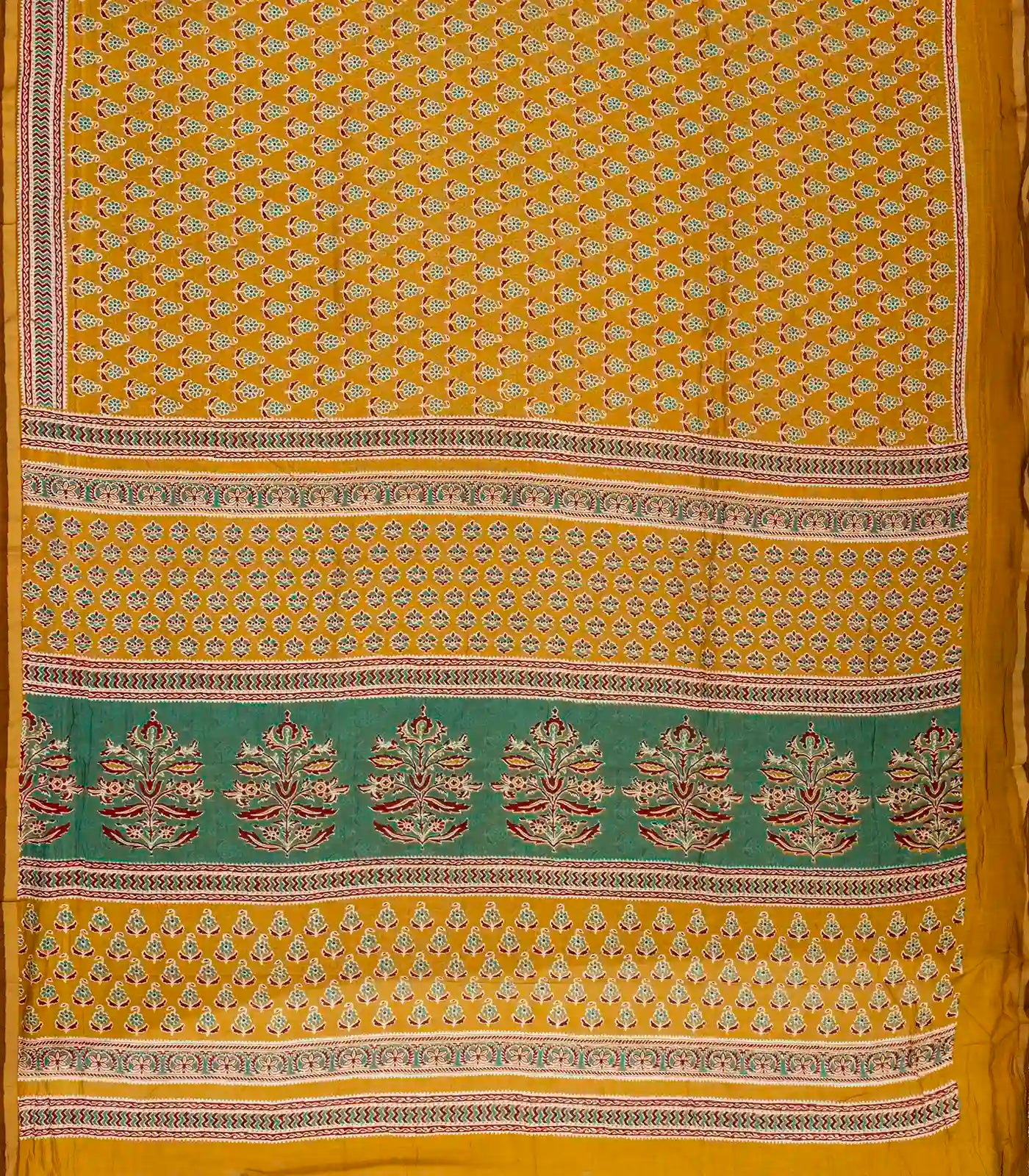 Mustard Woven Jaipur Cotton Saree With Printed Green Floral Motifs