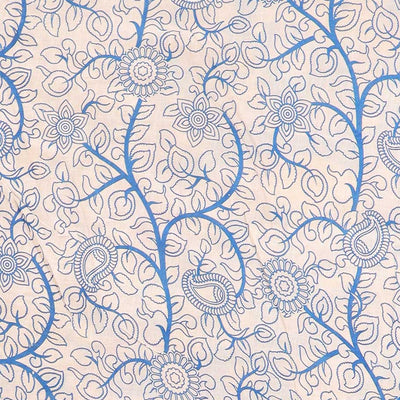 Yellow floral vine machine-printed kalamkari cotton saree, contrast tree motifs border & peacock pallu