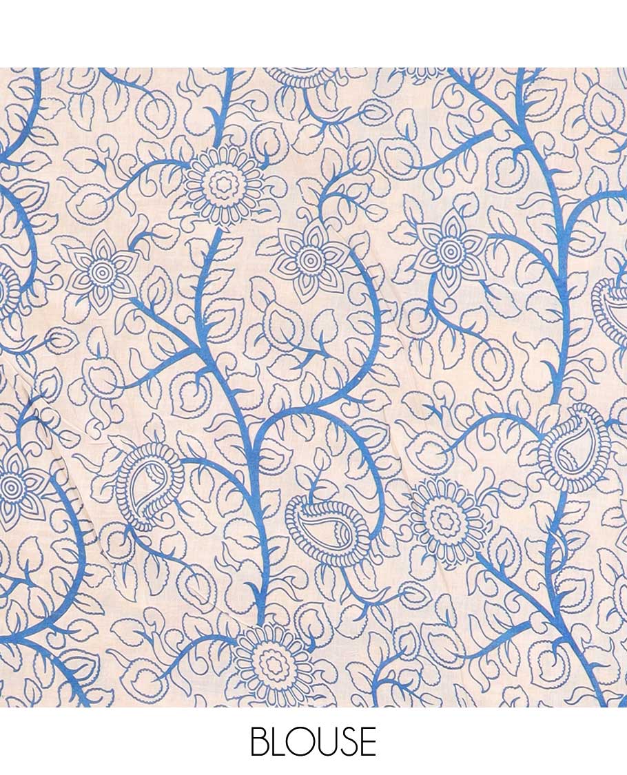 Yellow floral vine machine-printed kalamkari cotton saree, contrast tree motifs border & peacock pallu