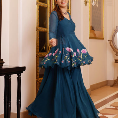 Kaasni Handpainted Organza Sharara Set