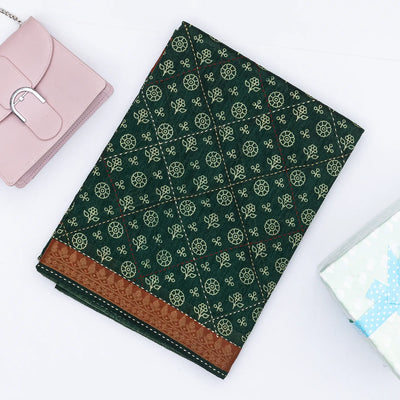 Bottle Green Handloom Tussar Silk Saree Printed With Floral Motifs