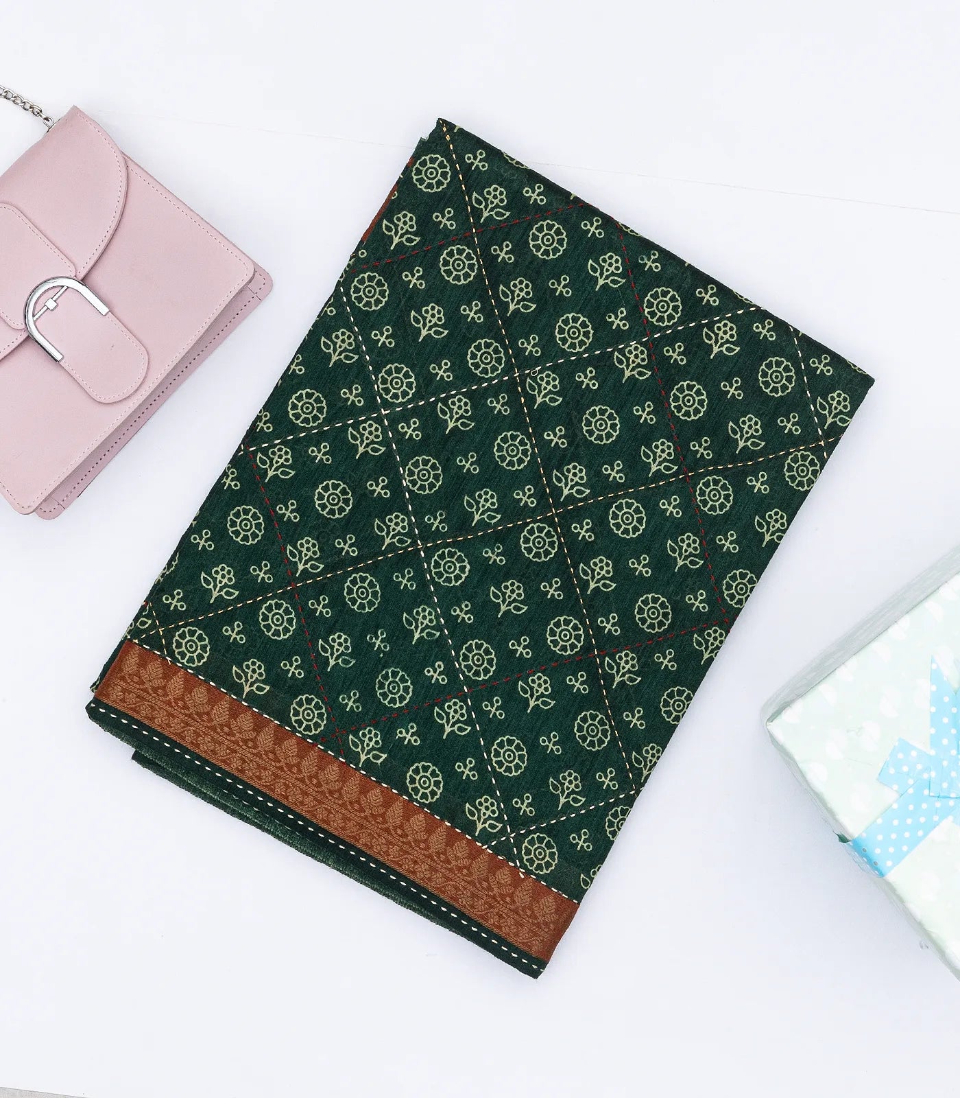 Bottle Green Handloom Tussar Silk Saree Printed With Floral Motifs