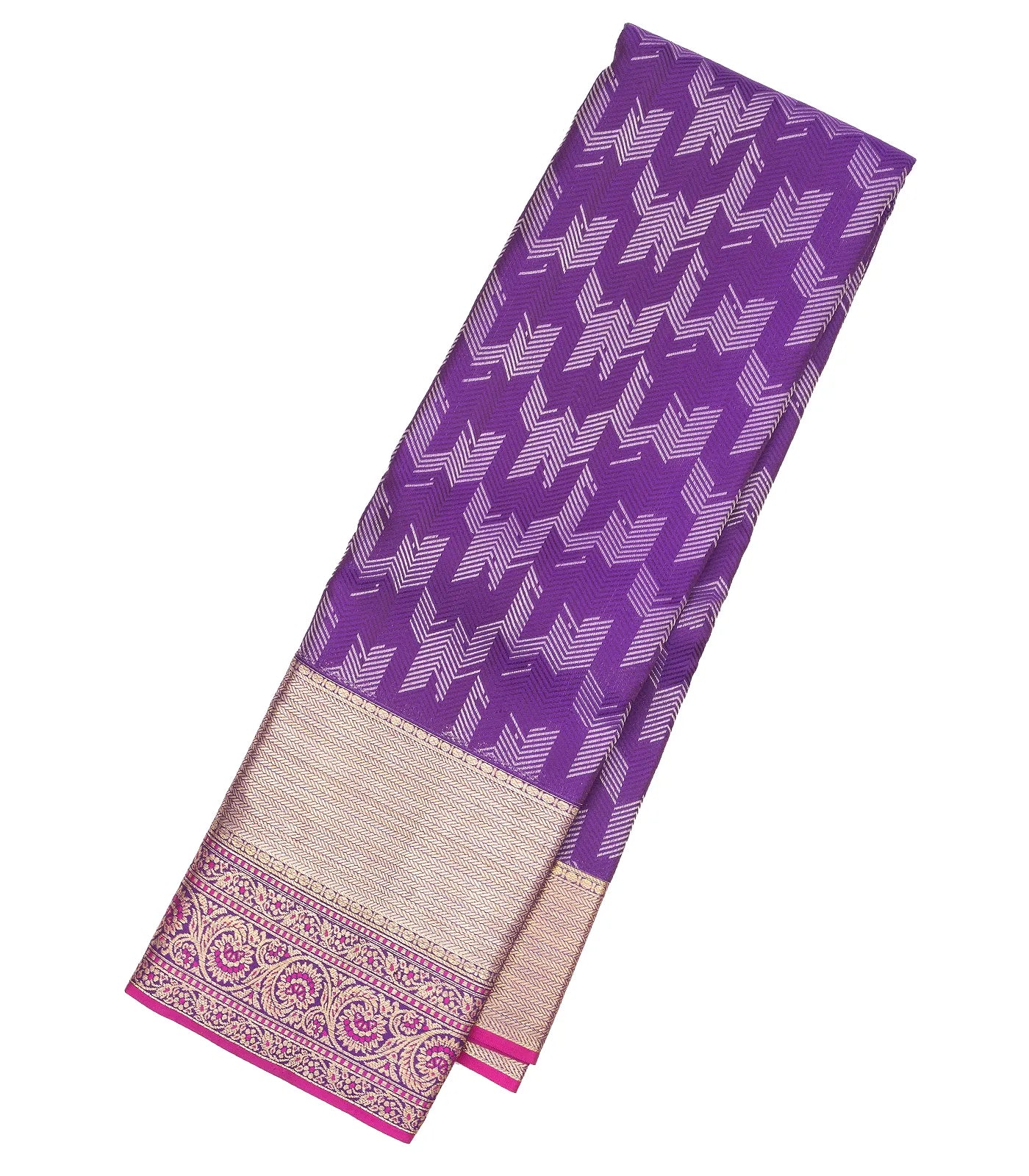 Purple Handloom Kanchipuram Silk Saree With Broken Chevron Stripes