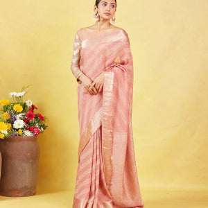 Dusty Pink Crepe Silk Saree With Diagonal Zari Stripes
