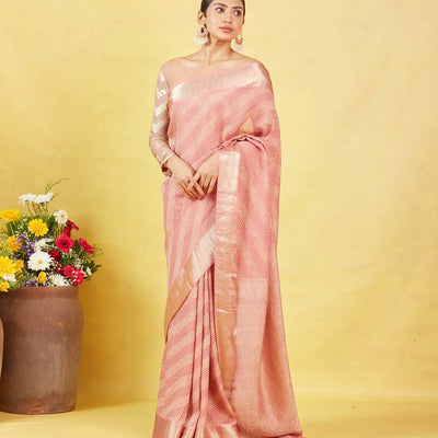 Dusty Pink Crepe Silk Saree With Diagonal Zari Stripes