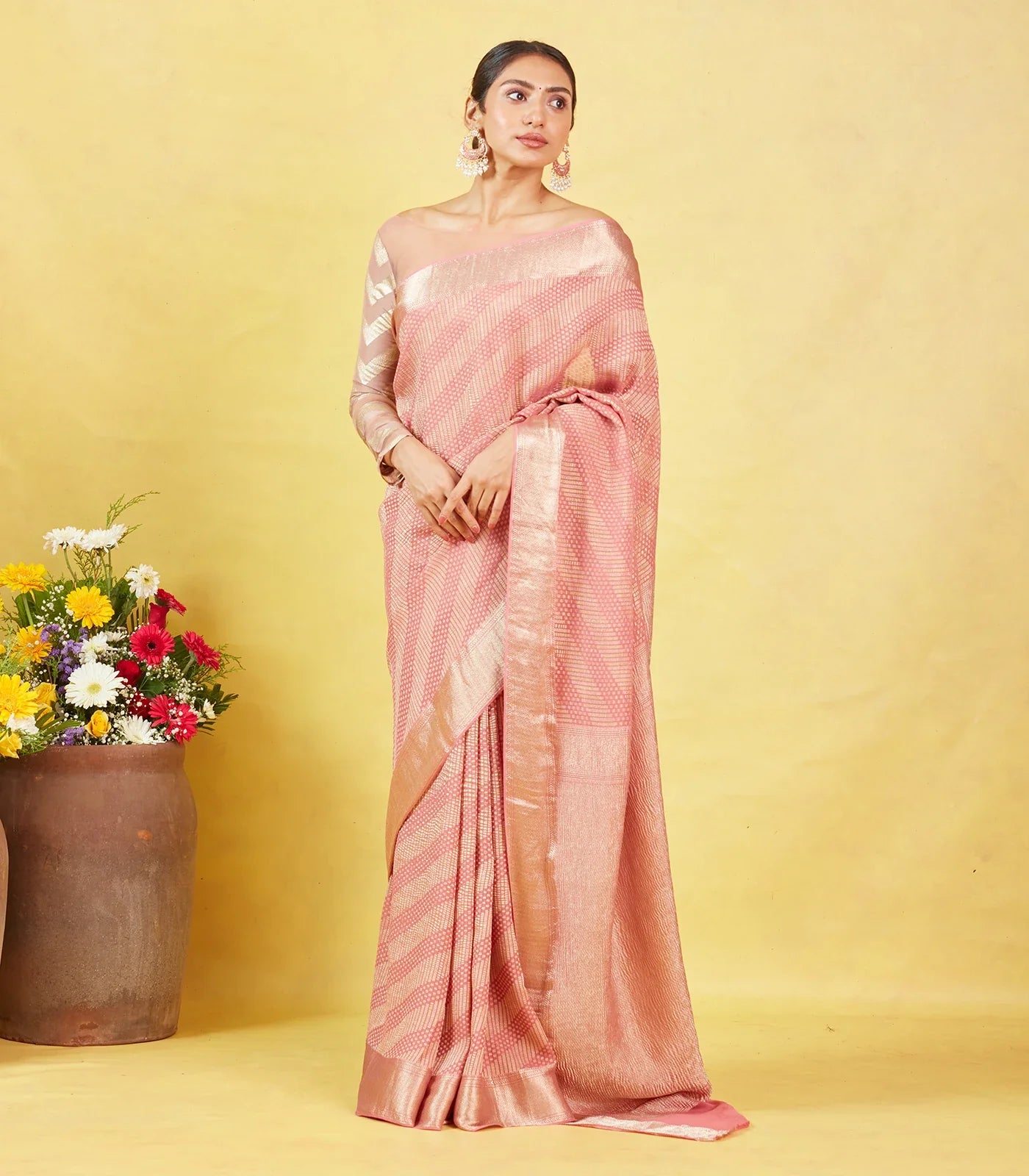 Dusty Pink Crepe Silk Saree With Diagonal Zari Stripes