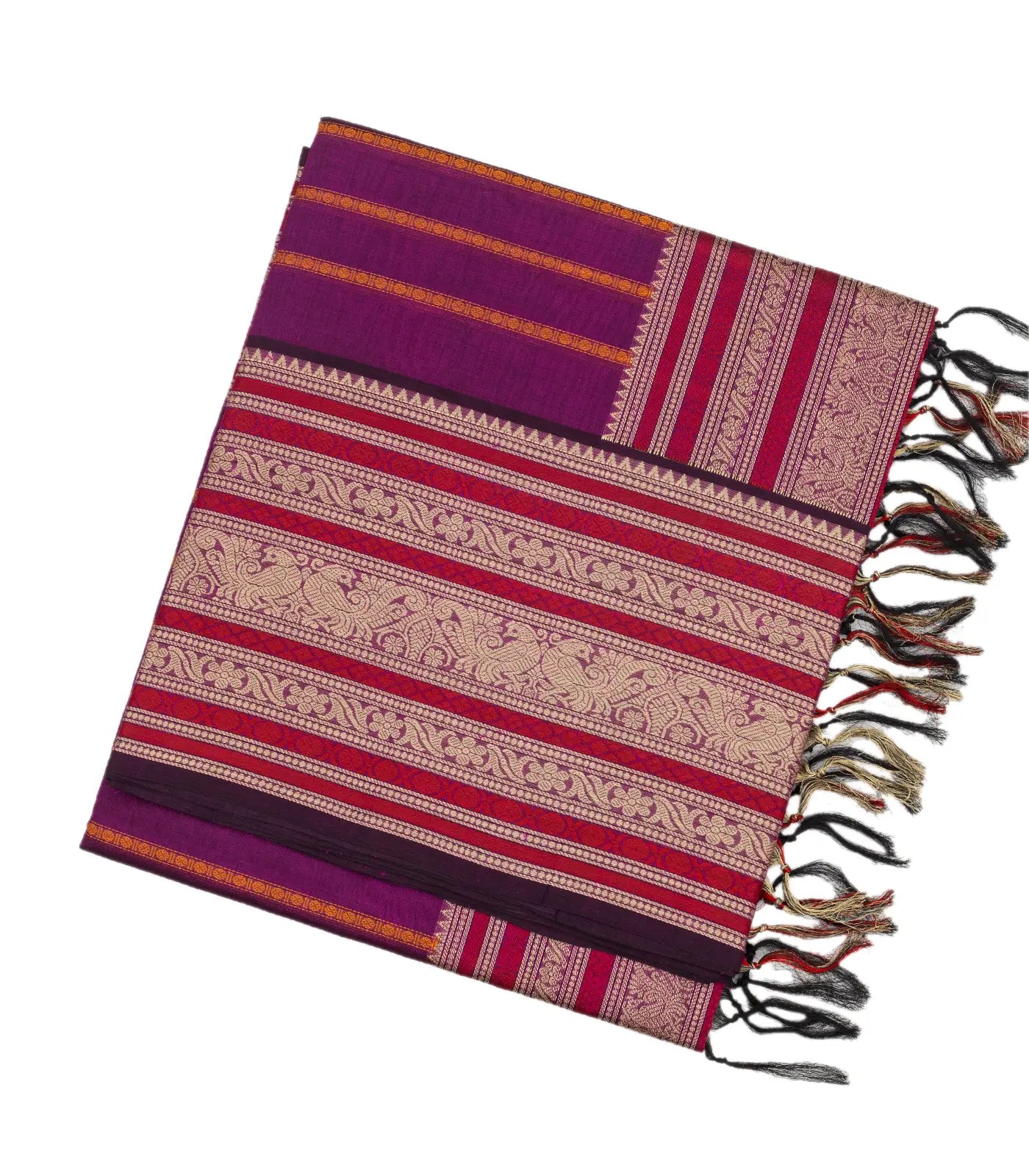 Purple Handloom Silk Cotton Saree With Beldari Stripes
