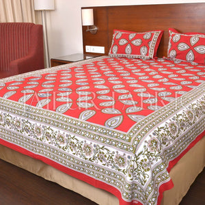 Red Color Jaipuri Paan Patti Print Double Bed Sheet