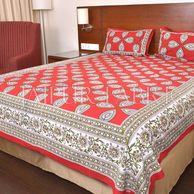 Red Color Jaipuri Paan Patti Print Double Bed Sheet