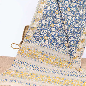 Blue unique floral machine-printed kalamkari cotton saree, contrast floral border & floral & diamond pallu