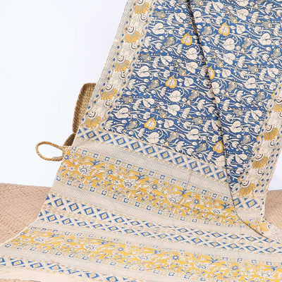 Blue unique floral machine-printed kalamkari cotton saree, contrast floral border & floral & diamond pallu