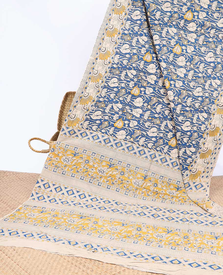 Blue unique floral machine-printed kalamkari cotton saree, contrast floral border & floral & diamond pallu