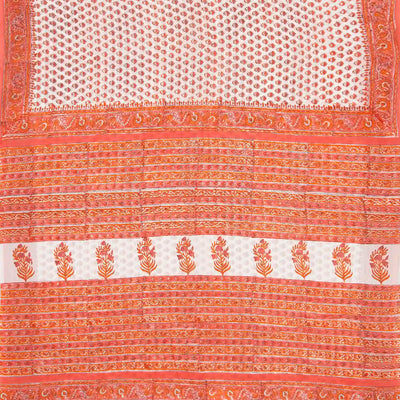 White Woven Jaipur Cotton Saree Printed With Peach Flower  Motifs