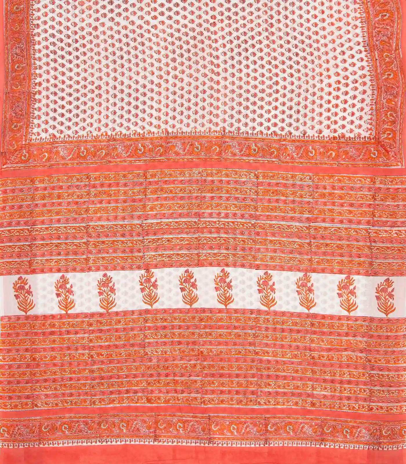 White Woven Jaipur Cotton Saree Printed With Peach Flower  Motifs