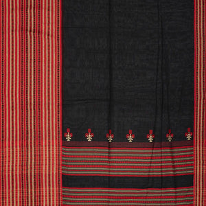 Black Handloom Plain Bengal Cotton Saree With Contrast Border