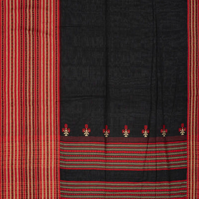 Black Handloom Plain Bengal Cotton Saree With Contrast Border
