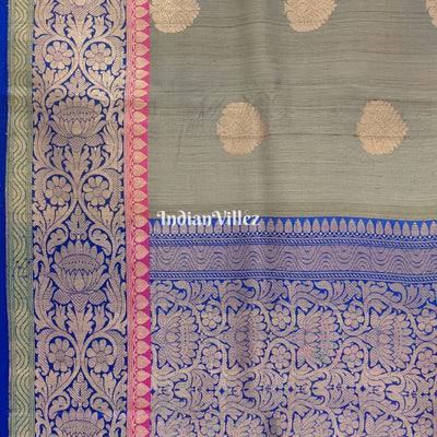 Blue-Grey Brocade Tussar Banarasi Handloom Silk Saree