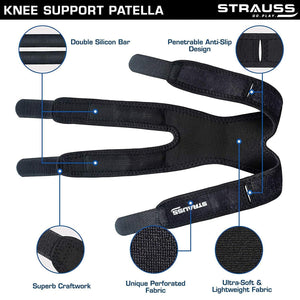 STRAUSS Adjustable Patella Knee Support Dual Strap | Compression Knee Brace for Men & Women | Breathable Material | Knee Straps for Gym, Fitness, Running, Sports, Injury Recovery | Pack of 2 (Black)