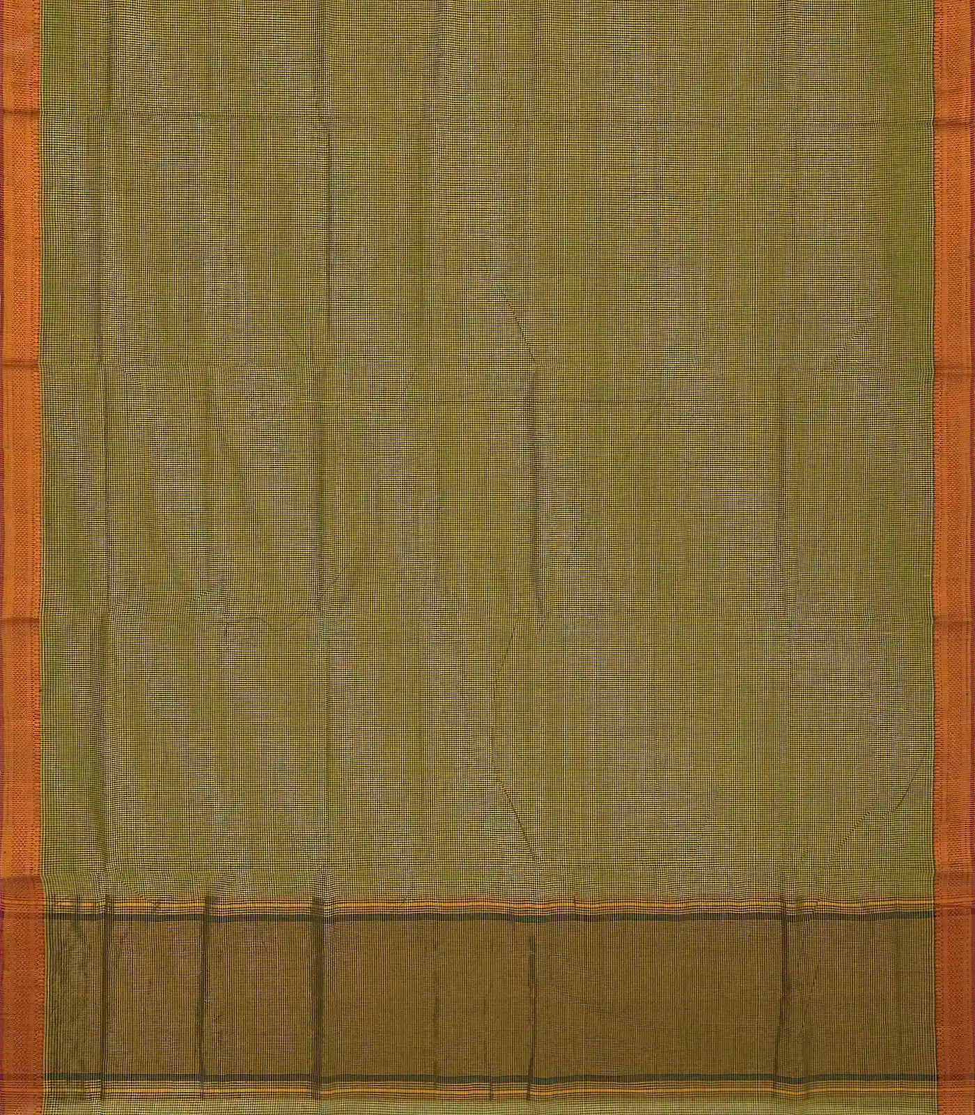 Olive Green Mangalagiri Cotton Saree With Checks & Contrast Border