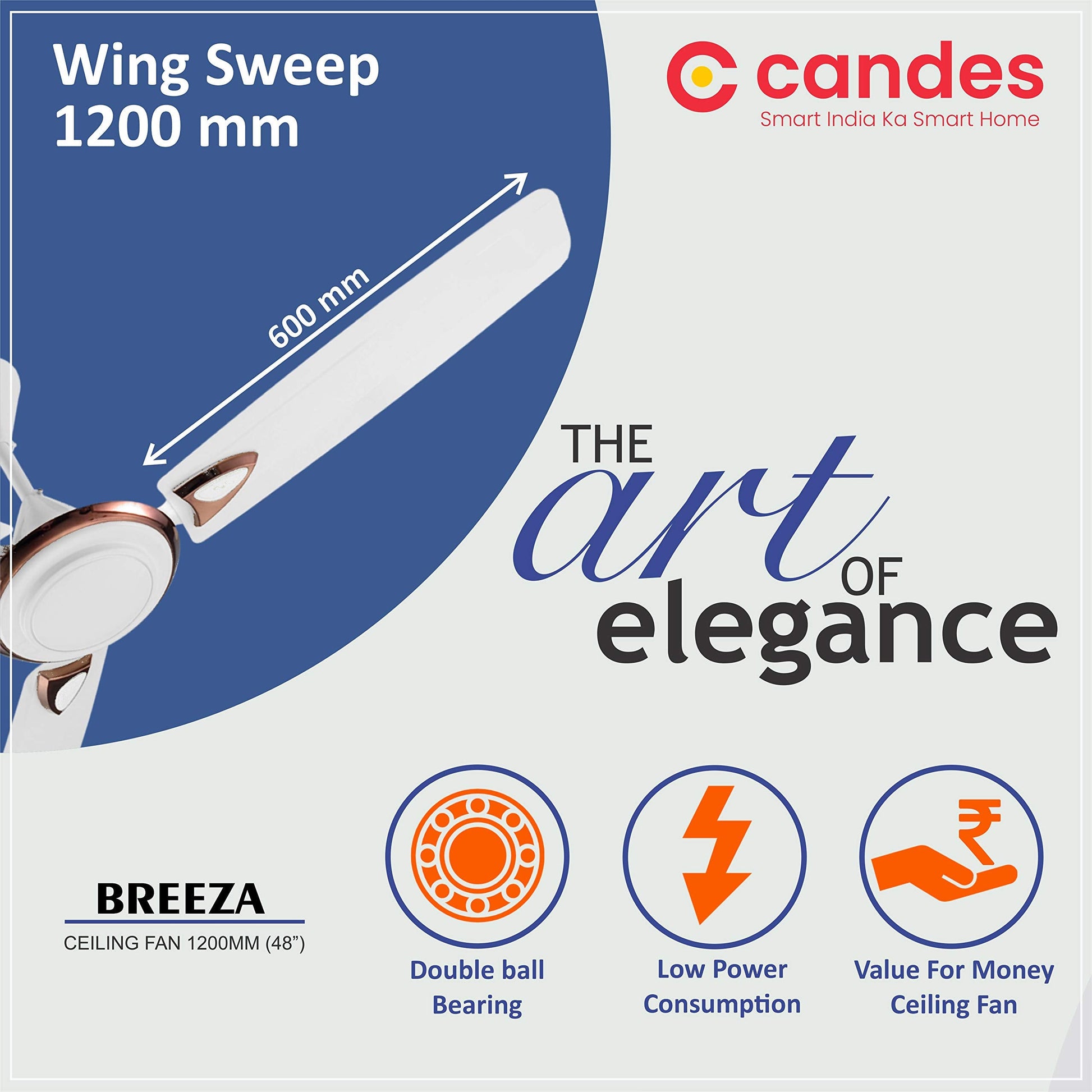 Candes Breeza 1200mm/48 inch High Speed Anti dust Decorative 5 Star Rated Ceiling Fan 400 RPM with 3 Years Warranty (Pack of 1,Coffee Brown) (White, Pack of 2)