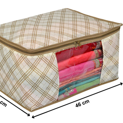 Kuber Industries Metalic Checkered Print 2 Piece Non Woven Fabric Saree Cover Set with Transparent Window, Extra Large (Ivory)-KUBMART16502