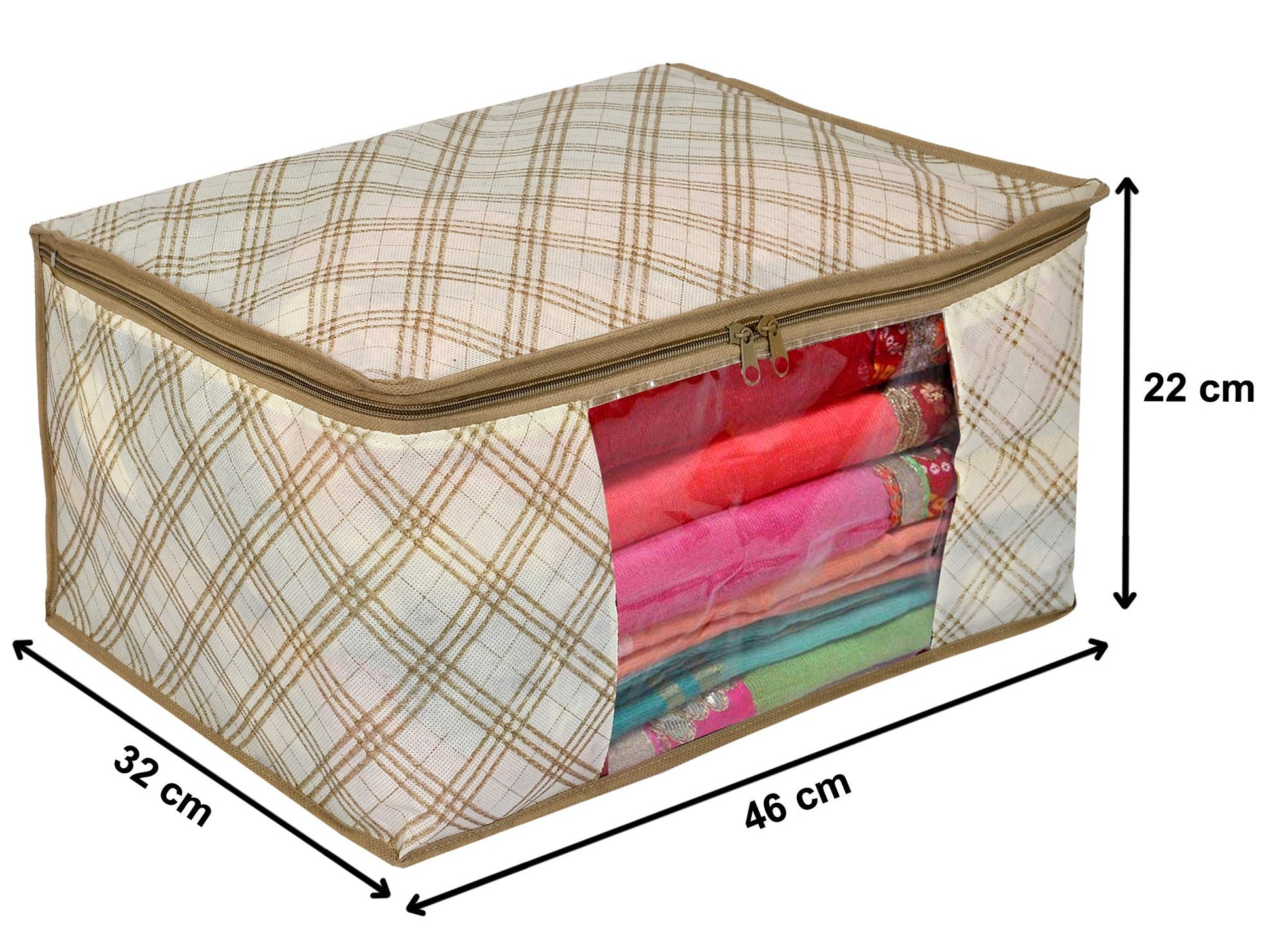 Kuber Industries Metalic Checkered Print 2 Piece Non Woven Fabric Saree Cover Set with Transparent Window, Extra Large (Ivory)-KUBMART16502