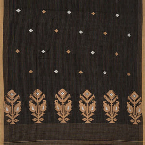 Black Handloom Bengal Cotton Saree With Stripes & Buttas