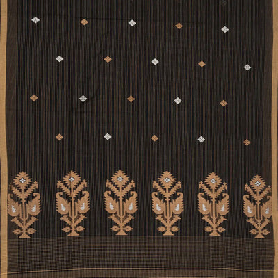 Black Handloom Bengal Cotton Saree With Stripes & Buttas