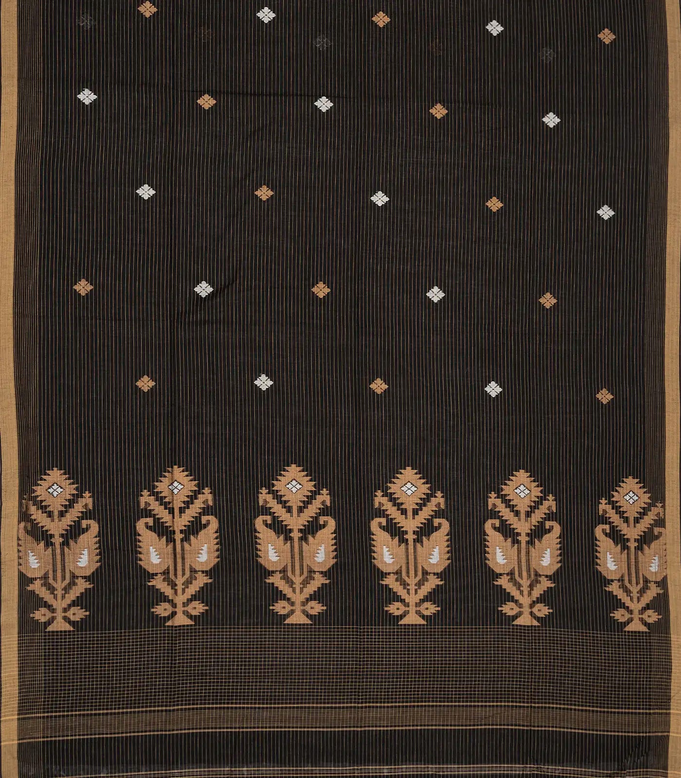 Black Handloom Bengal Cotton Saree With Stripes & Buttas