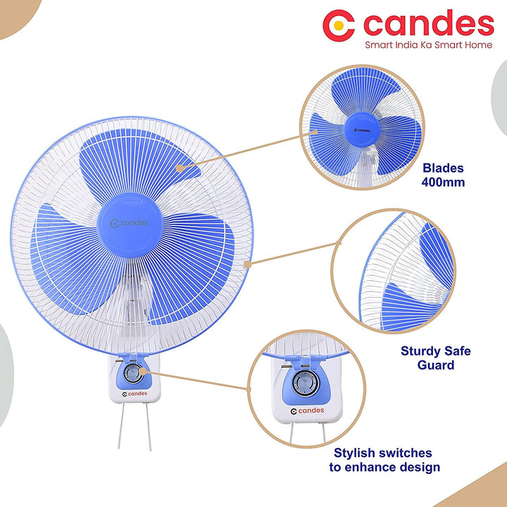 Candes Aura 3 Blade Automatic Oscillation Wall Fan With 2 Year Warranty (White Blue, 300mm)