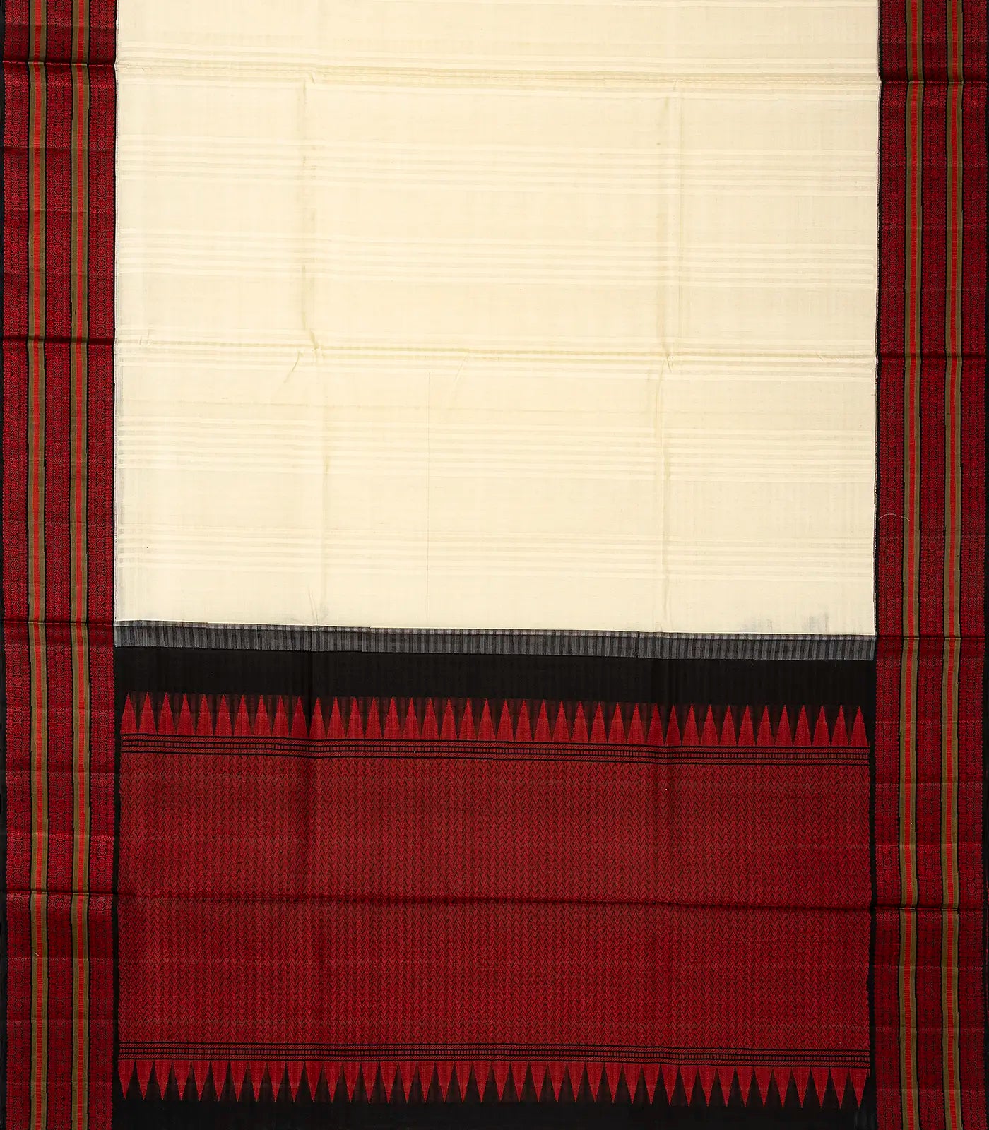Cream Handloom Kora Silk Saree With Checks & Black Border