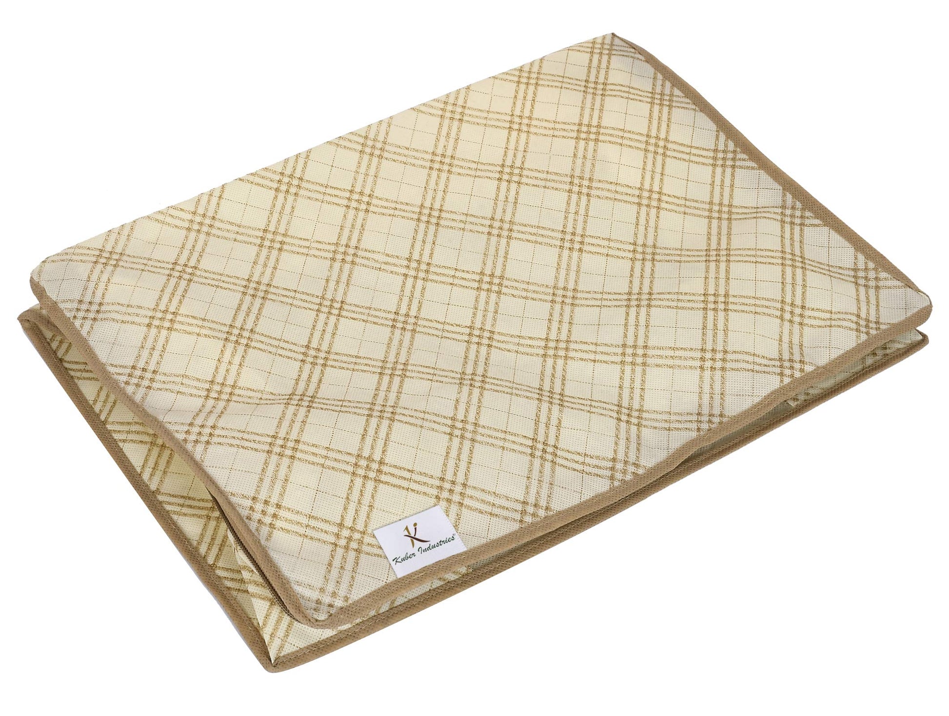 Kuber Industries Metalic Checkered Print 2 Piece Non Woven Fabric Saree Cover Set with Transparent Window, Extra Large (Ivory)-KUBMART16502