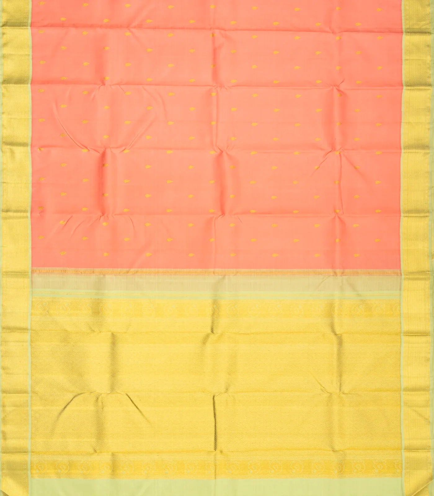 Peach Handloom Kanchipuram Korvai Silk Saree With Green Border