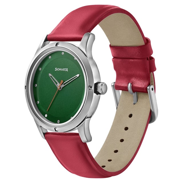 Women of Steel Green Dial & Red Leather Strap