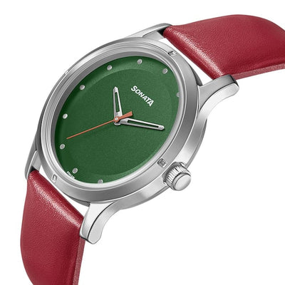 Women of Steel Green Dial & Red Leather Strap
