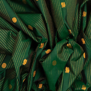Dark Green Handloom Kanchipuram Silk Saree With Stripes & Buttas