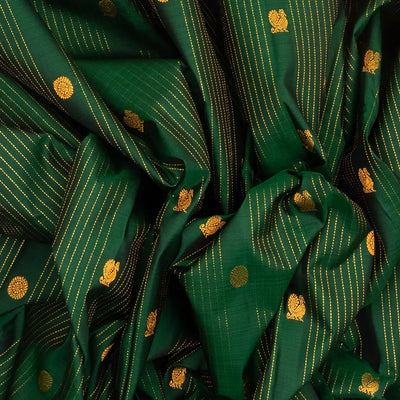 Dark Green Handloom Kanchipuram Silk Saree With Stripes & Buttas