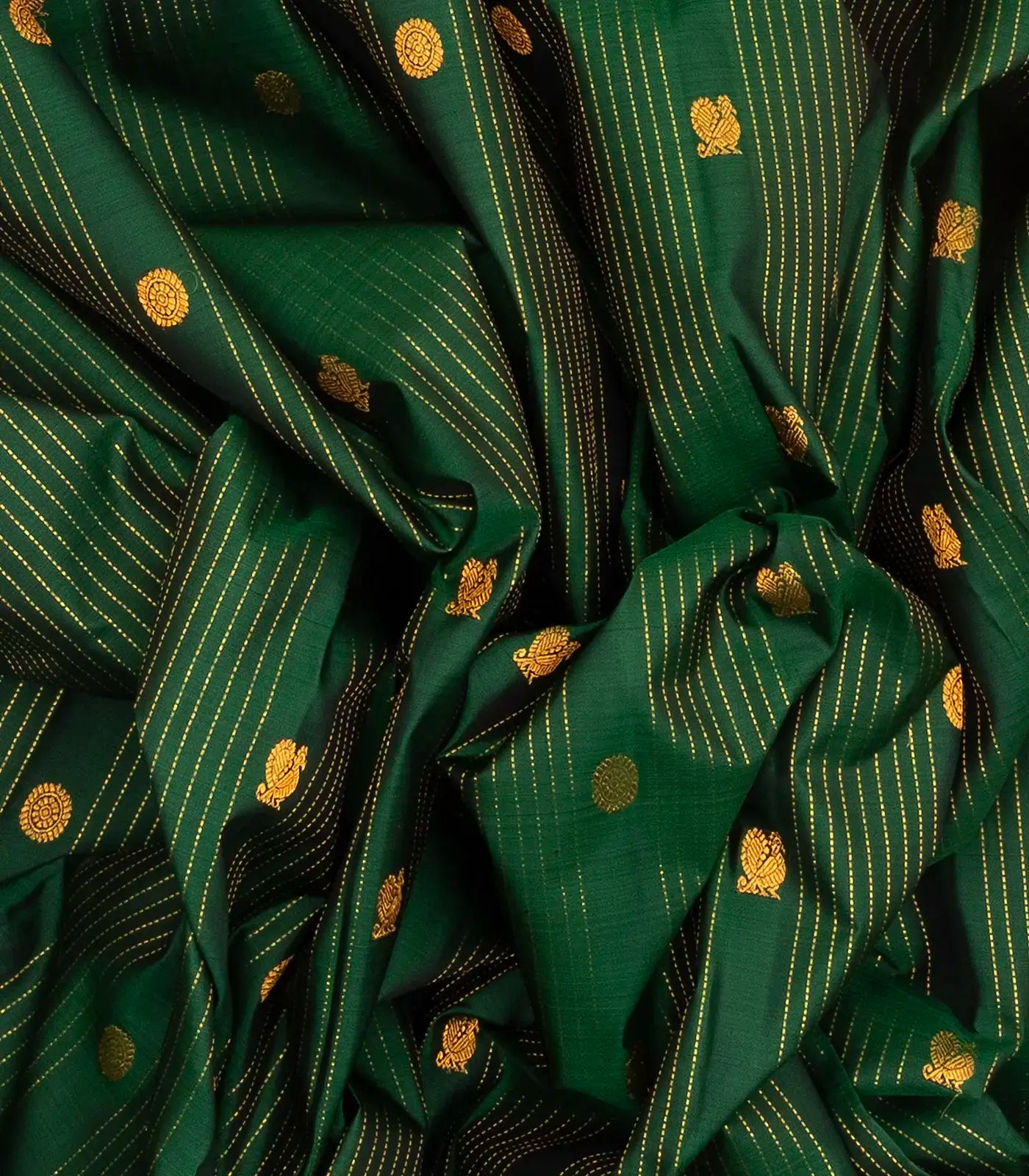 Dark Green Handloom Kanchipuram Silk Saree With Stripes & Buttas