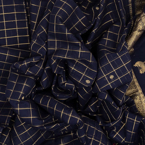 Navy Blue Handloom Kanchi Cotton Saree With Zari Checks