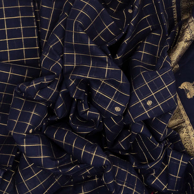 Navy Blue Handloom Kanchi Cotton Saree With Zari Checks