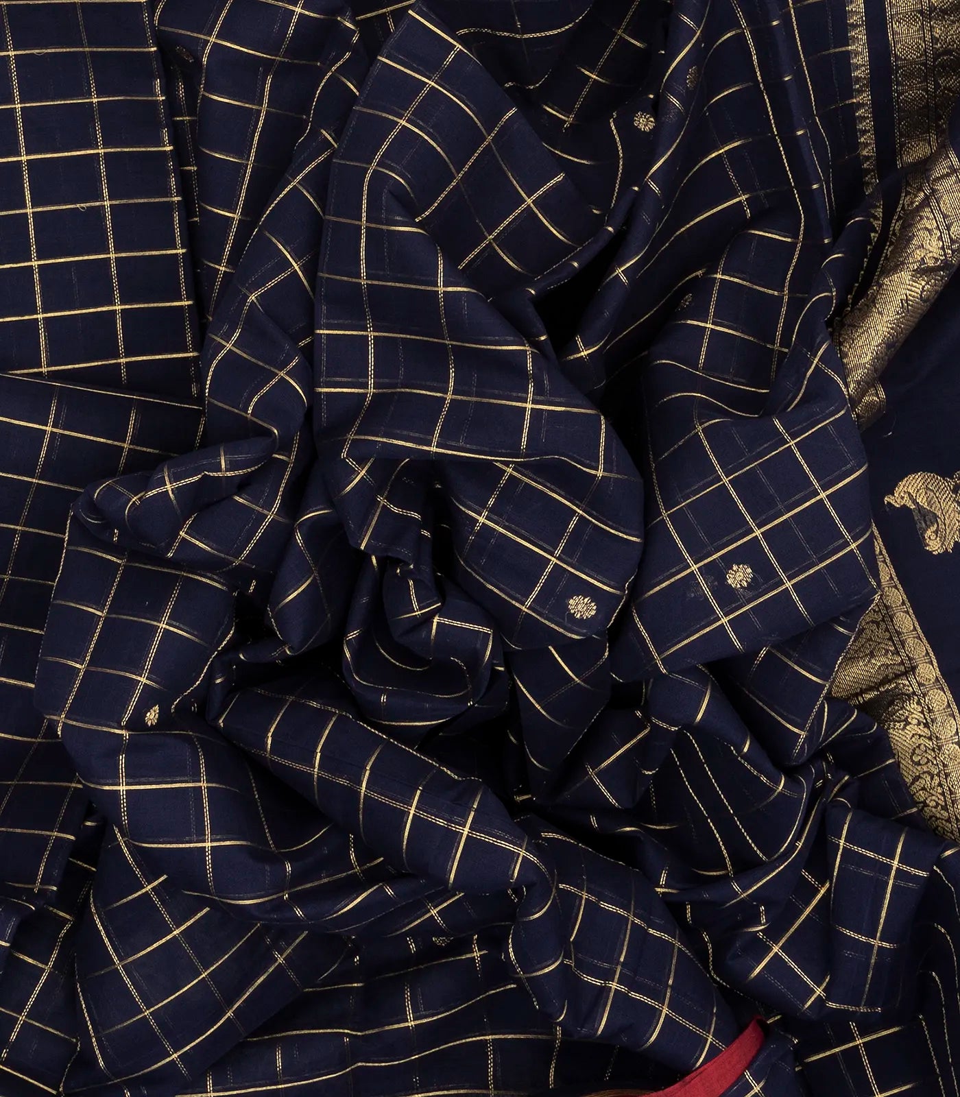 Navy Blue Handloom Kanchi Cotton Saree With Zari Checks