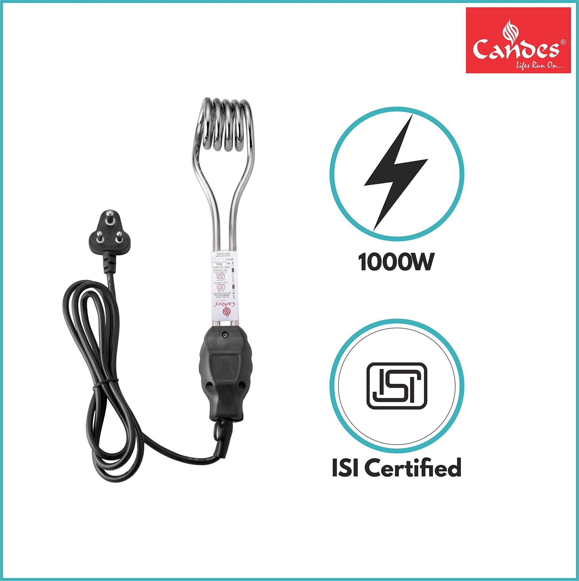 Candes Magic Mark Shock-Proof & Water-Proof 1000 W Immersion Heater Rod (Black)