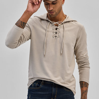 Beige Lace-Up Textured Hoodie