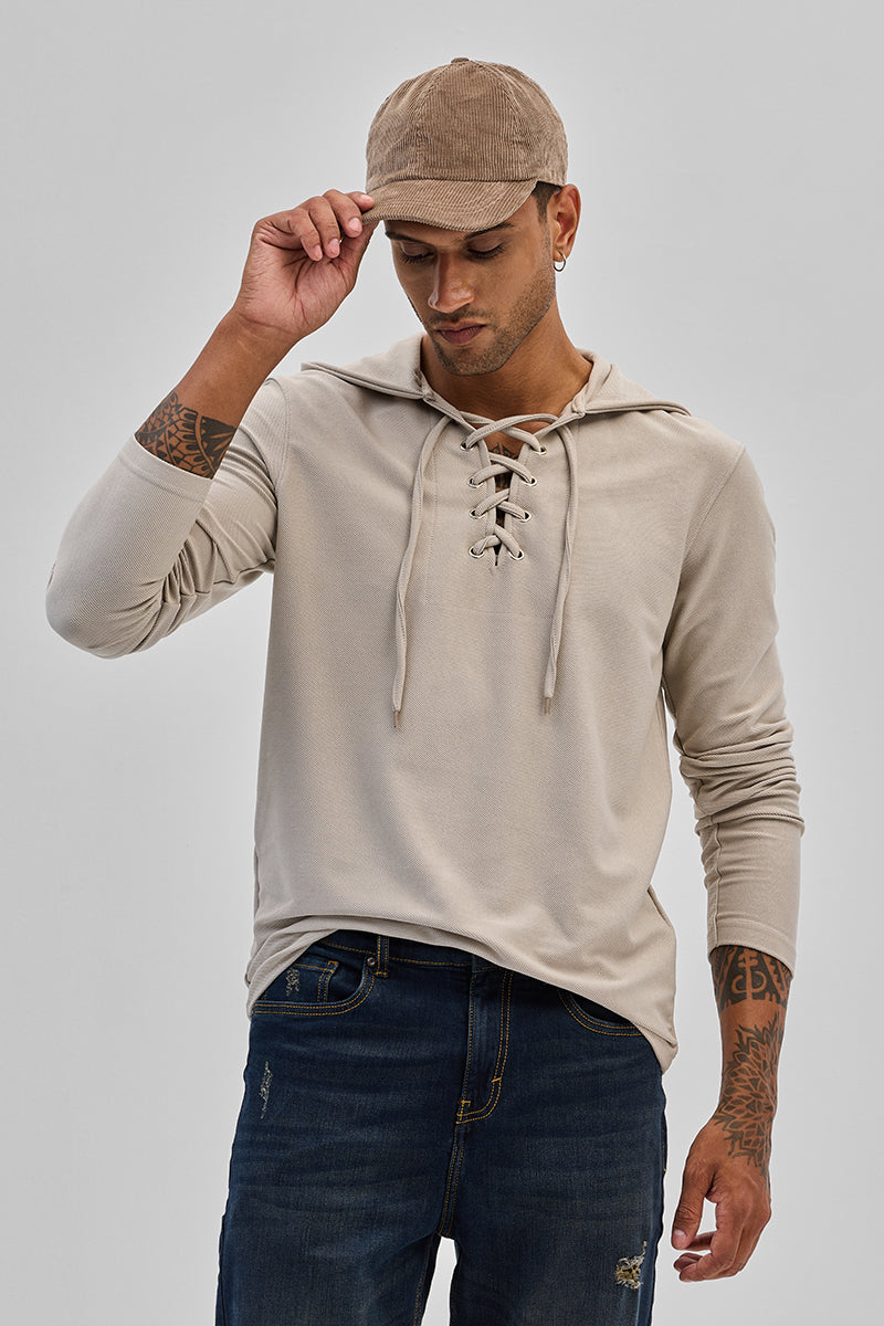 Beige Lace-Up Textured Hoodie